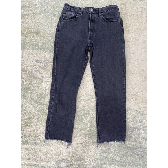 Levi 501 Jeans Womens 28 Black Light Wash Button Fly CROPPED Distressed Hem - Picture 1 of 10